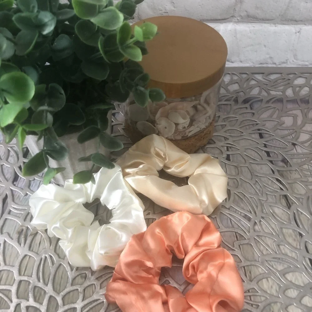 3 New Silk Scrunchies White, Creme, Peach colors